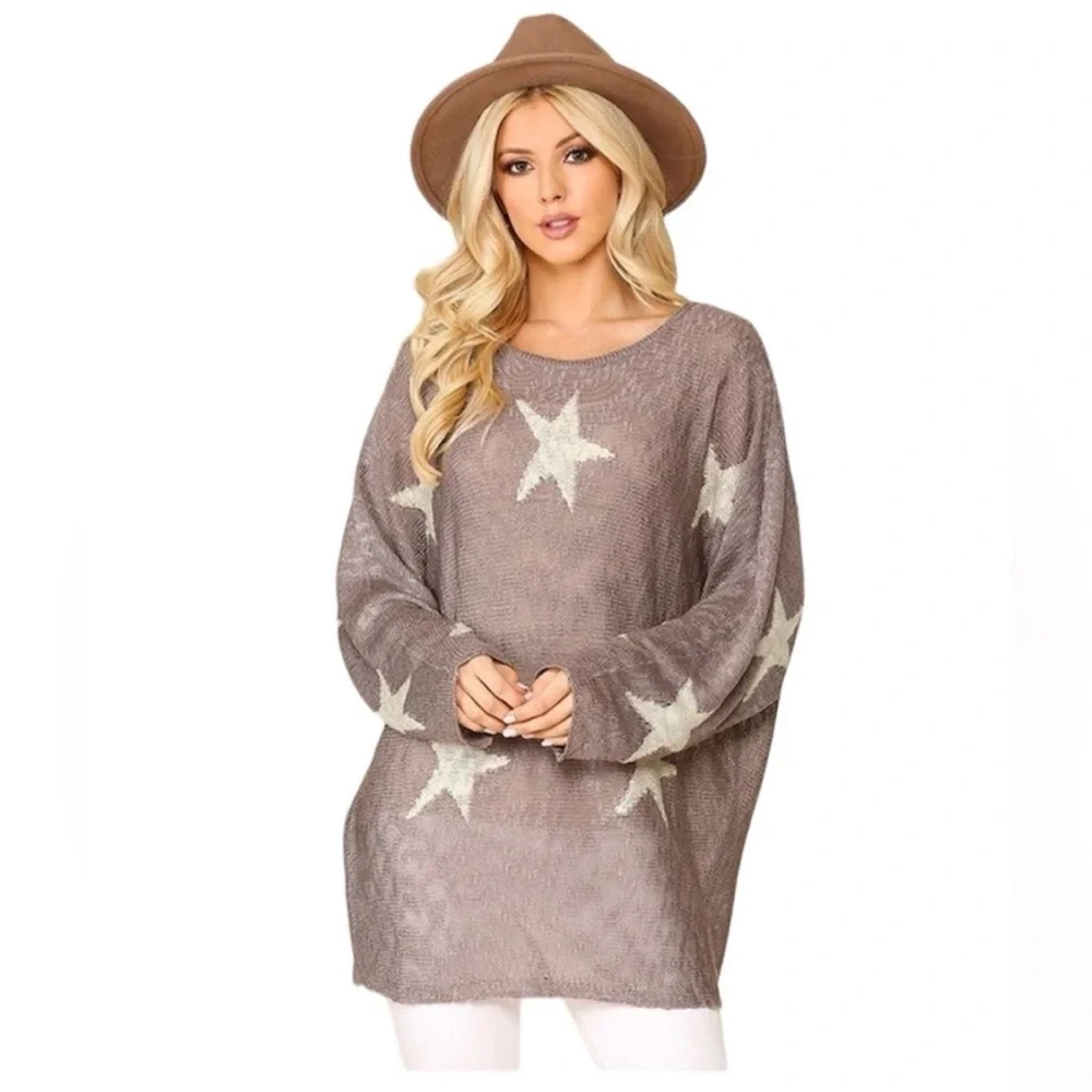 New Lavender Loose Knit Oversized Tunic Sweater Cream Star Print Size Medium - Picture 1 of 10